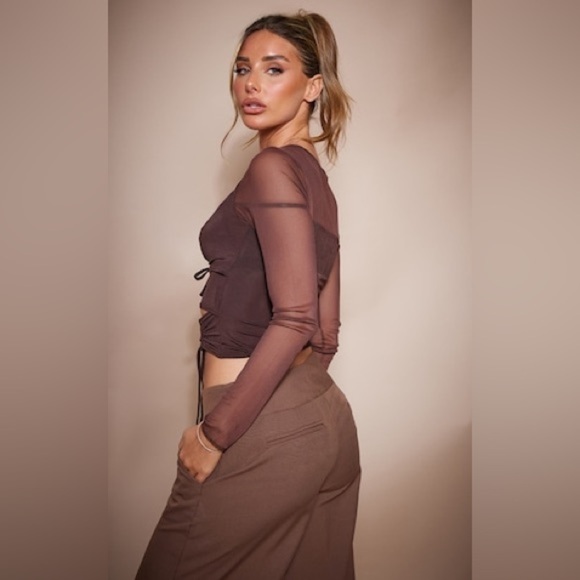 Pretty Little Thing Chocolate Brown Slinky Crop Top with Long Sleeves Nwt Size 2 - Picture 3 of 4